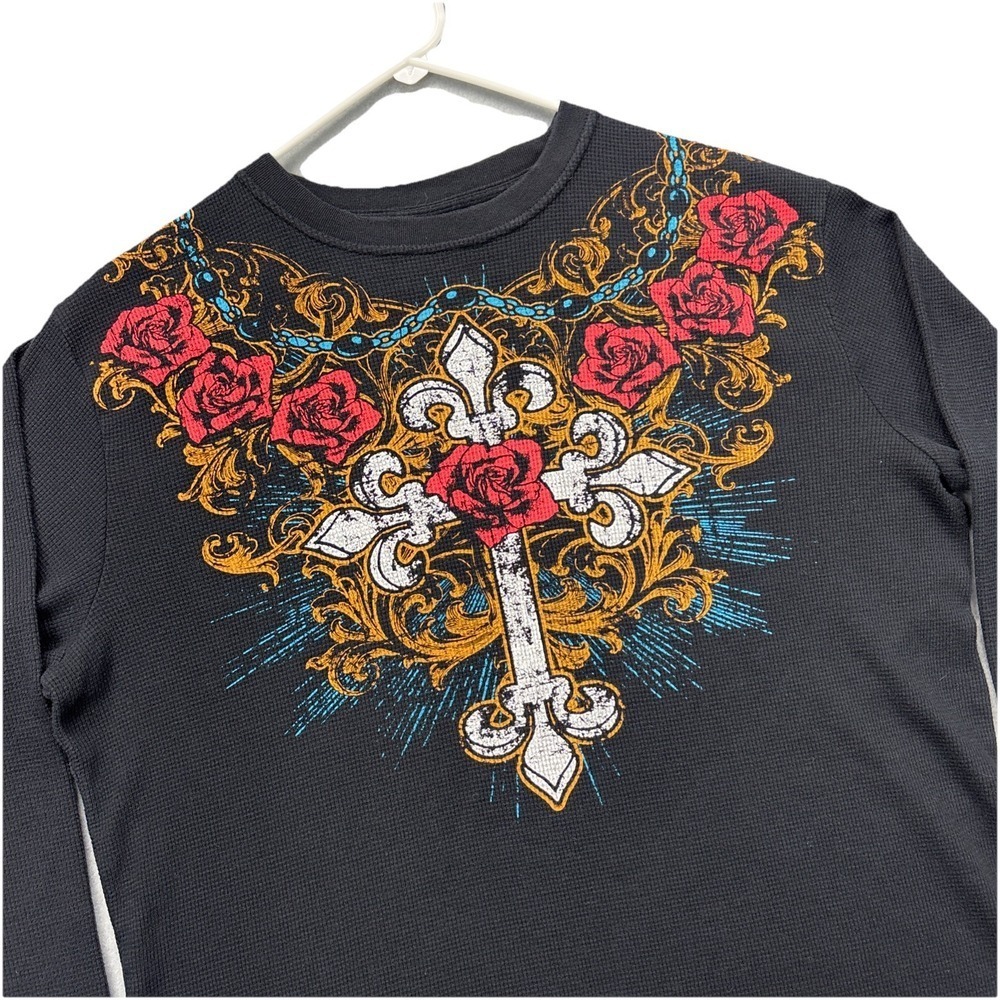 Vintage MMA Elite Black Thermal Shirt Mens XL Long Sleeve Cross Rose Chain Y2K